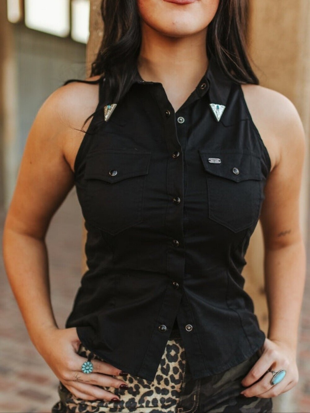 NEW Black Sleeveless Pearl Snap Button Down Collared Shirt W/ Silver Concho Tips